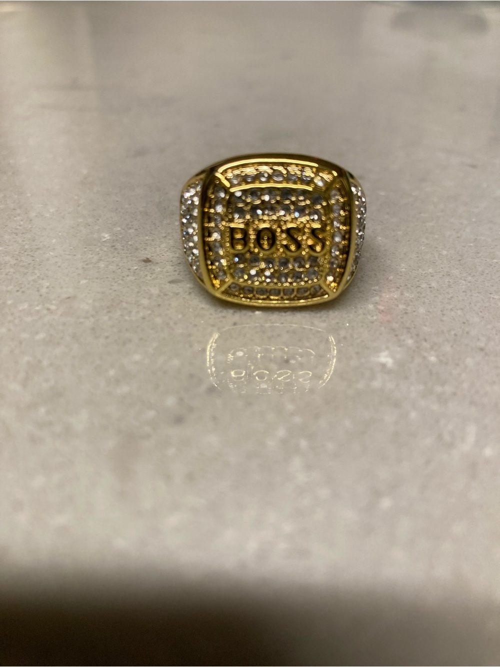 Hip Hop Shiny Zircon "BOSS" Ring for Men Stainless Steel Ring 18k Gold Plated.